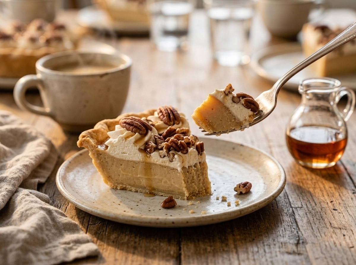 A slice of maple pecan cream pie on a plate with coffee and a linen napkin, set on a wooden table in fall light