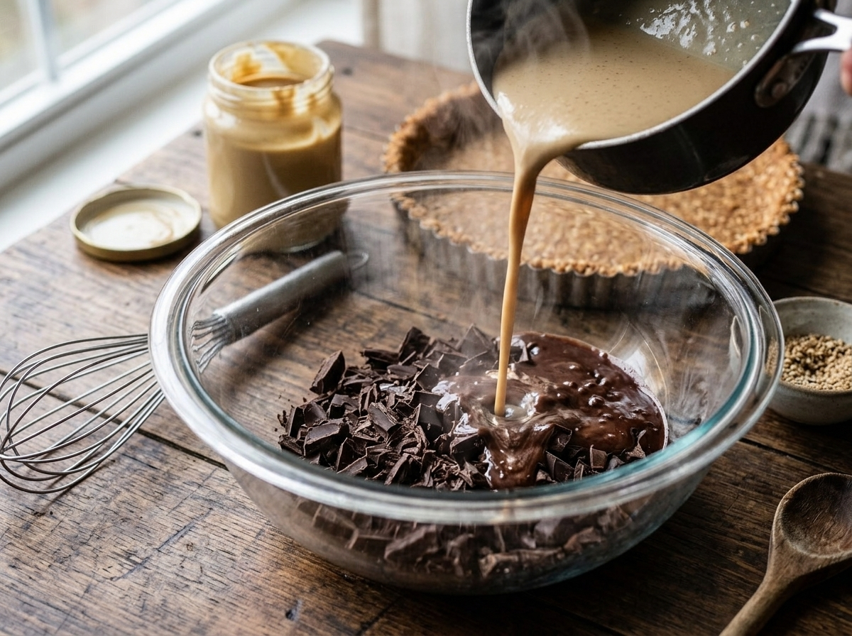Hot cream being poured over chopped dark chocolate in a glass bowl while making tahini ganache filling