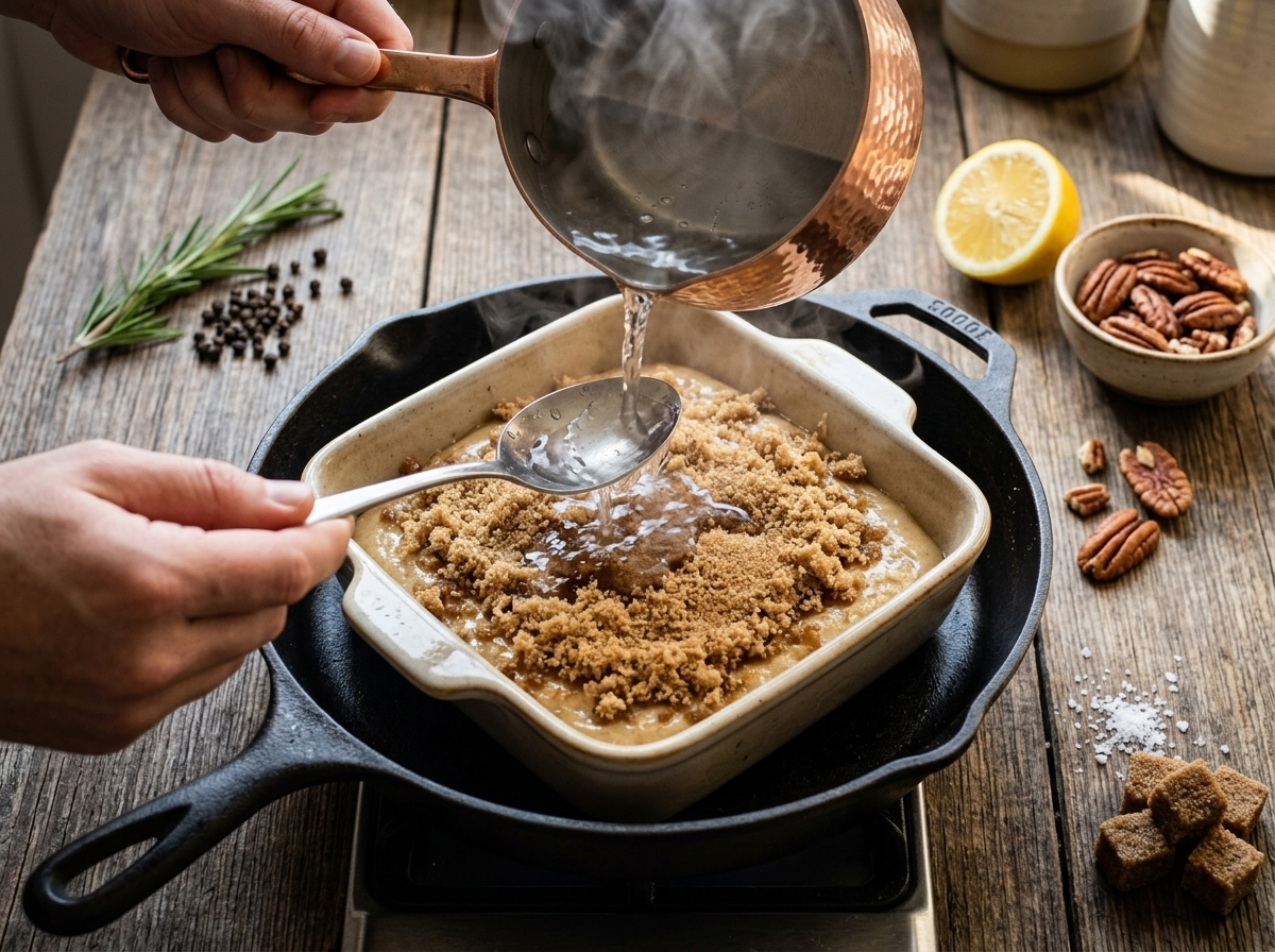 Boiling water being poured over brown sugar topping on unbaked pudding batter in a square baking dish
