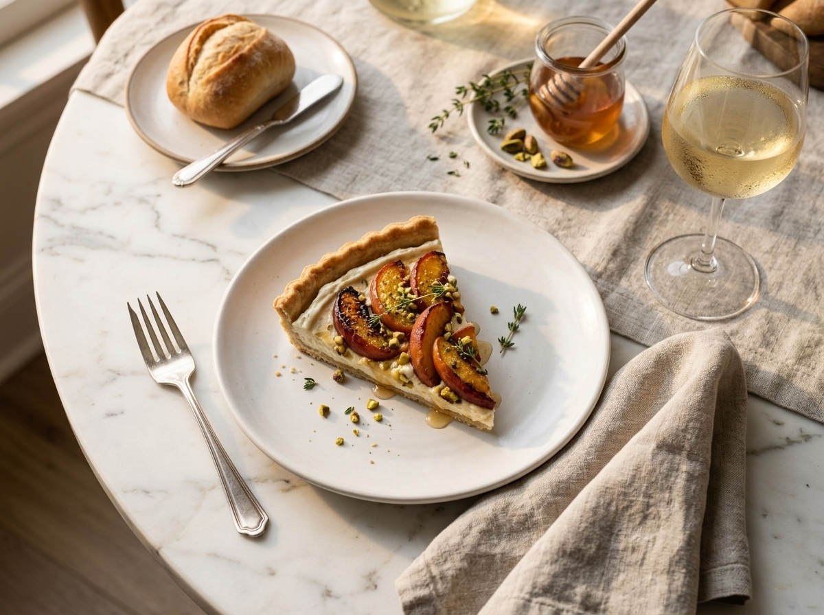 Slice of roasted peach mascarpone tart plated with a fork and glass of moscato in warm afternoon light