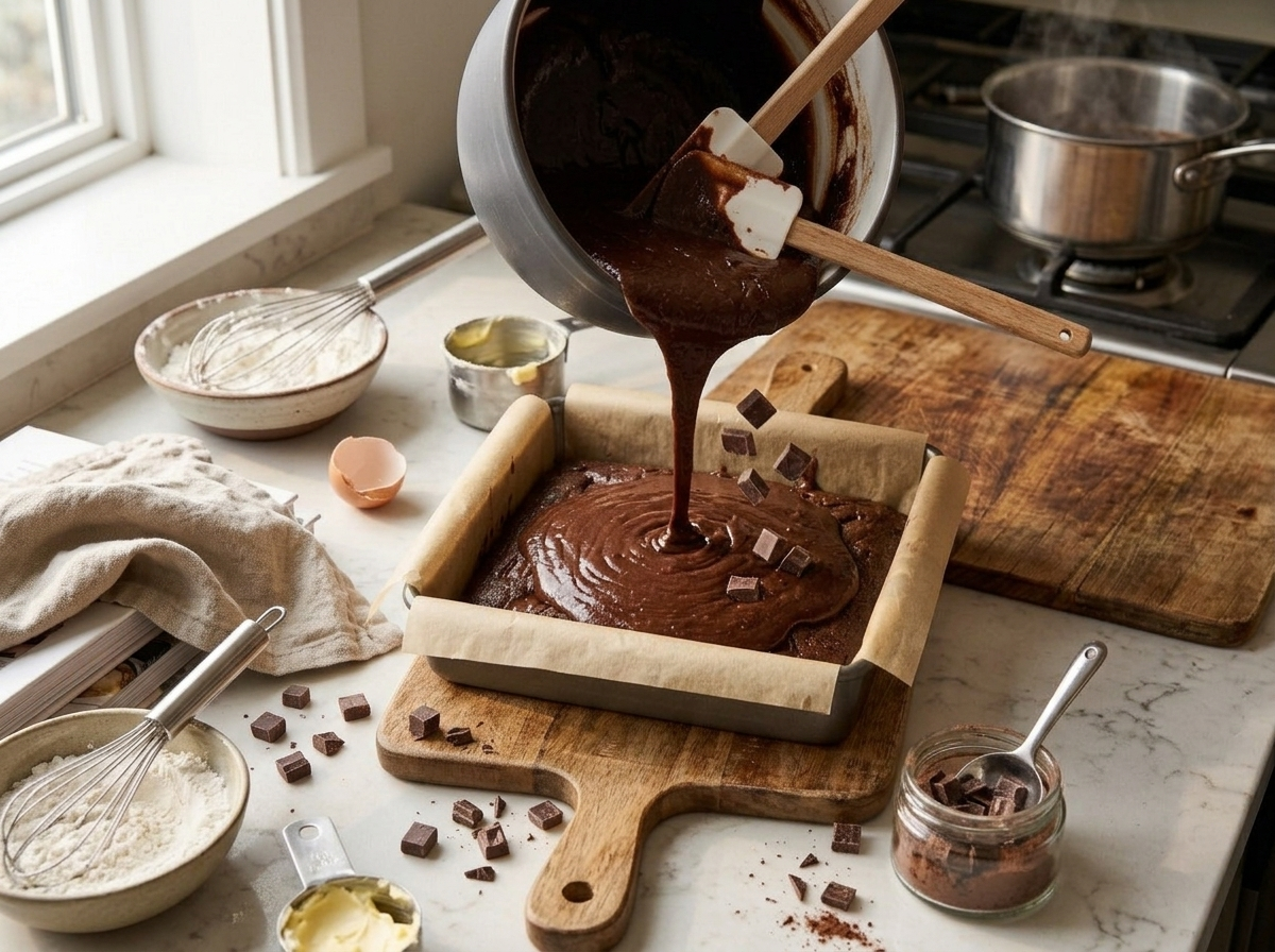 Chocolate batter being poured into a parchment-lined square pan with chocolate chunks pressed into the surface