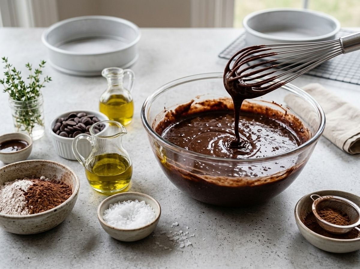 Whisking melted dark chocolate and olive oil into cake batter in a glass mixing bowl on a marble counter