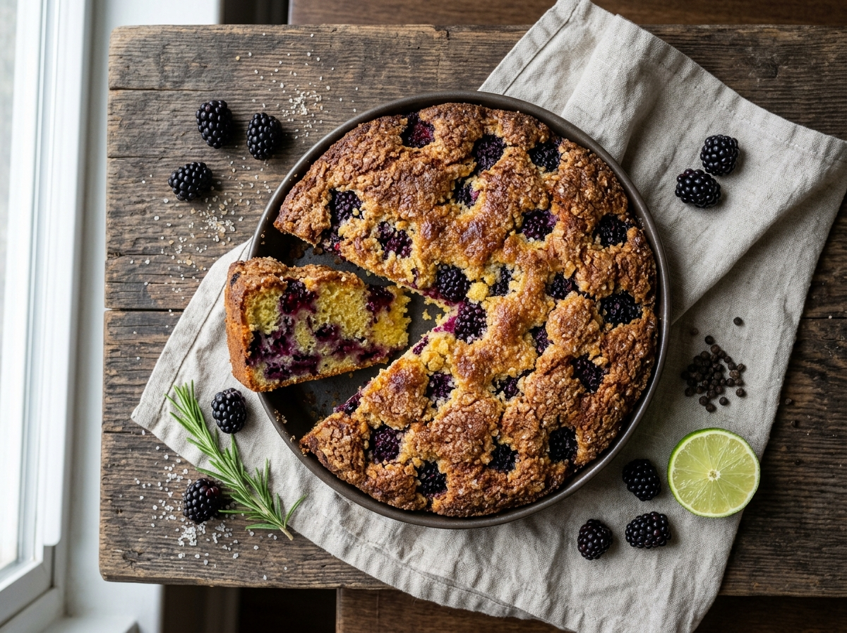 Top-down view of blackberry cornmeal cake with sugared crust and a cut slice showing moist crumb studded with dark berries