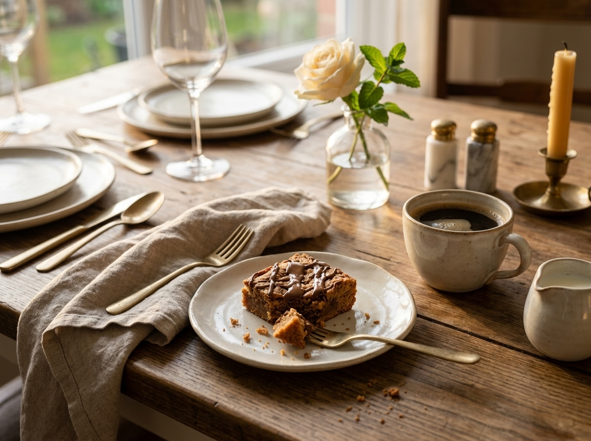 A milk chocolate semolina bar served on a small plate beside a cup of coffee