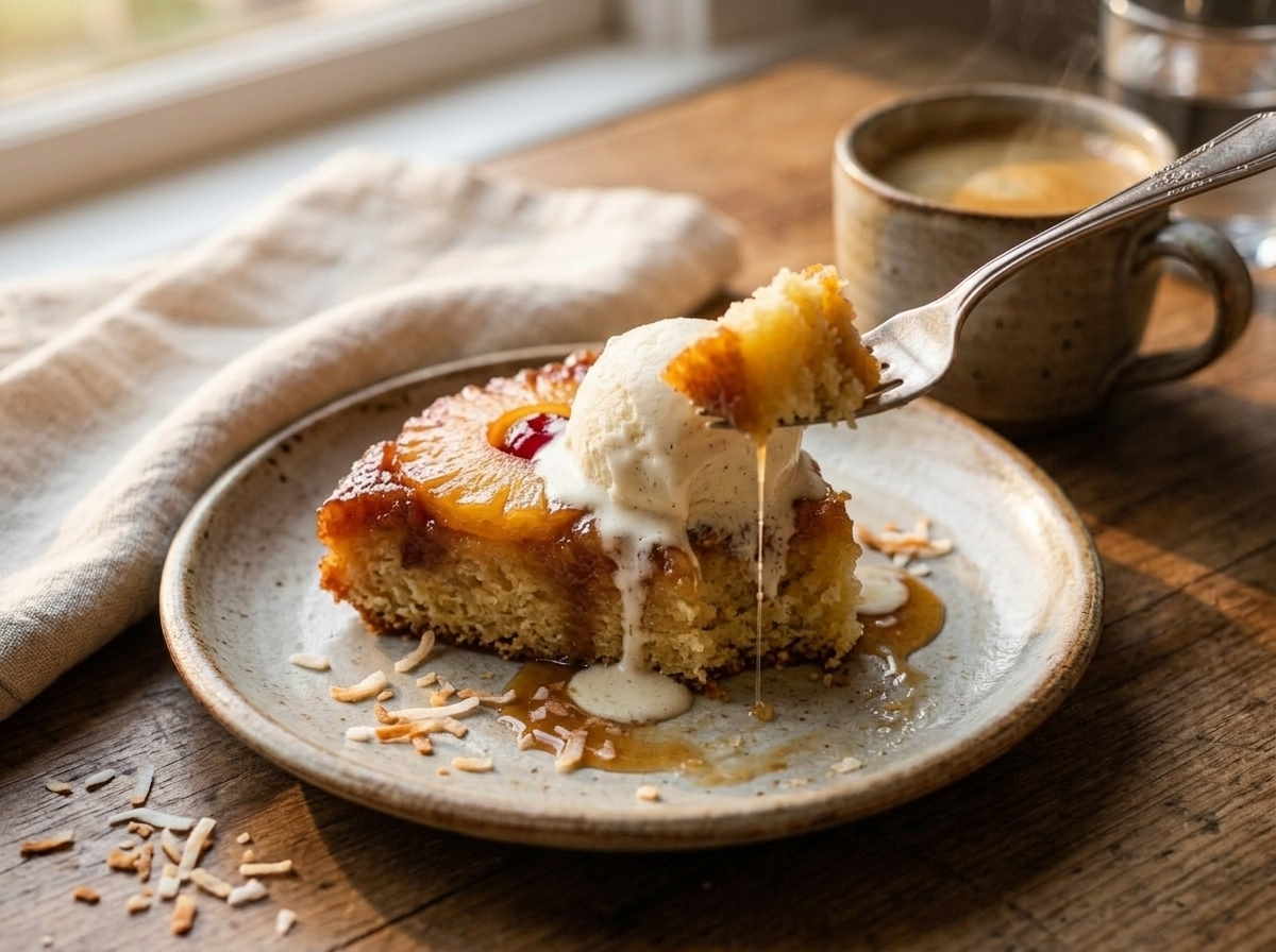Slice of pineapple coconut upside down cake on a plate with melting vanilla ice cream and a fork