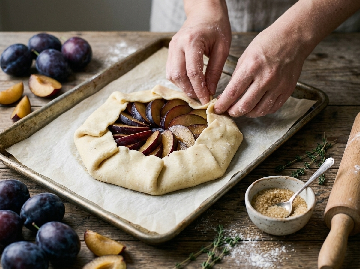 Hands folding pastry dough edges over sliced plums arranged on parchment paper before baking the galette