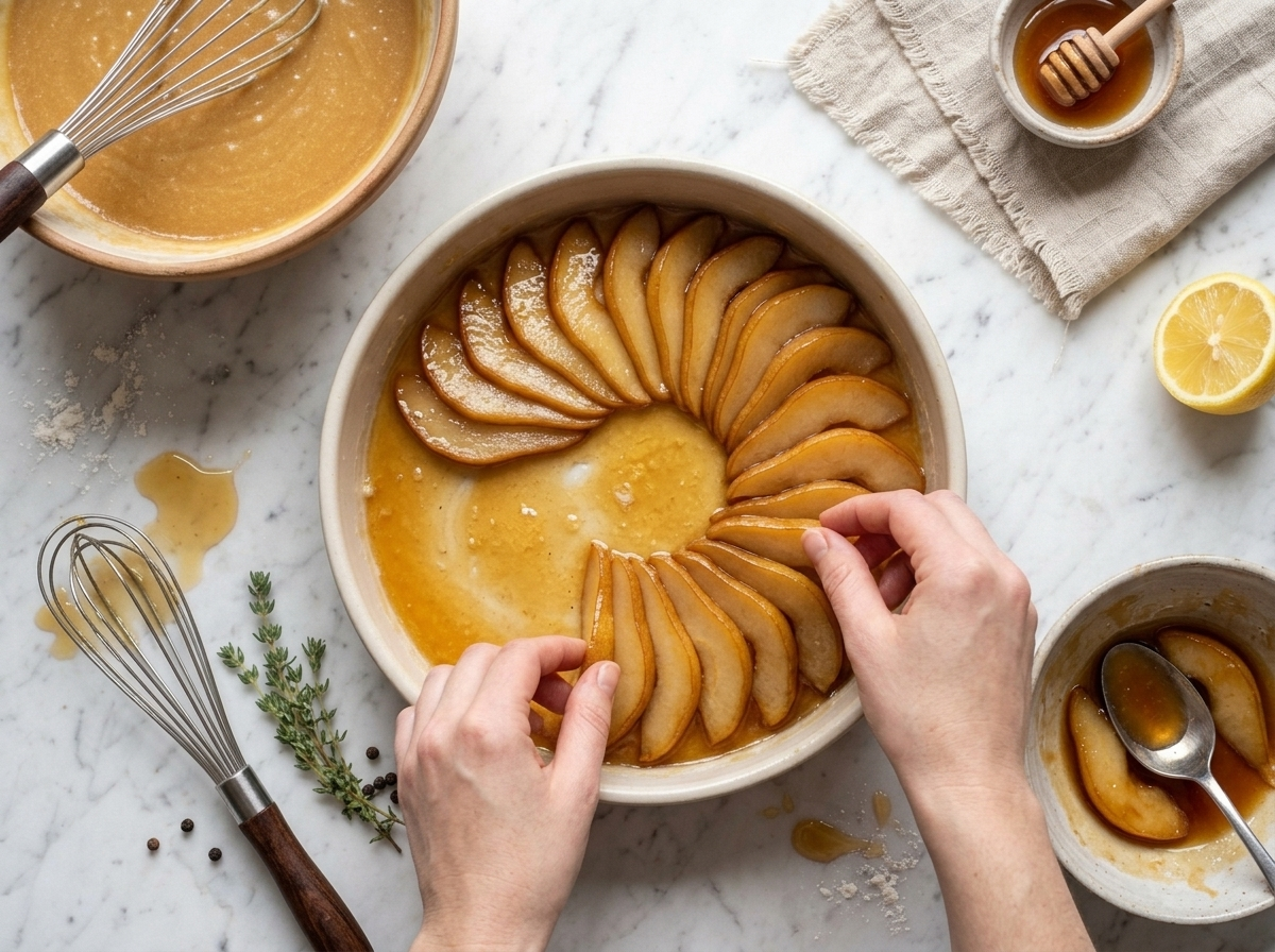 Hands arranging pear slices over melted honey butter in a round cake pan before pouring in the batter
