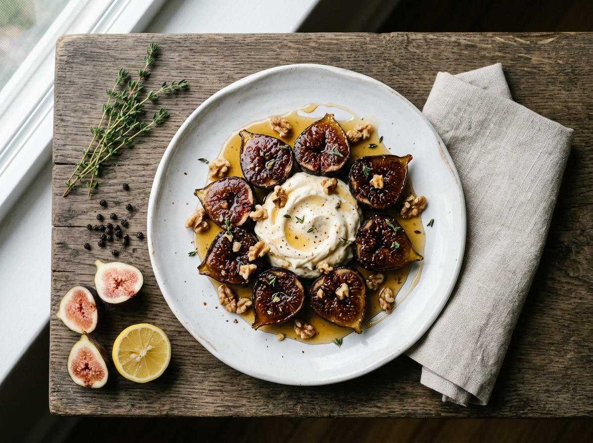 Roasted fig halves topped with whipped mascarpone, honey, and toasted walnuts on a white plate with linen napkin