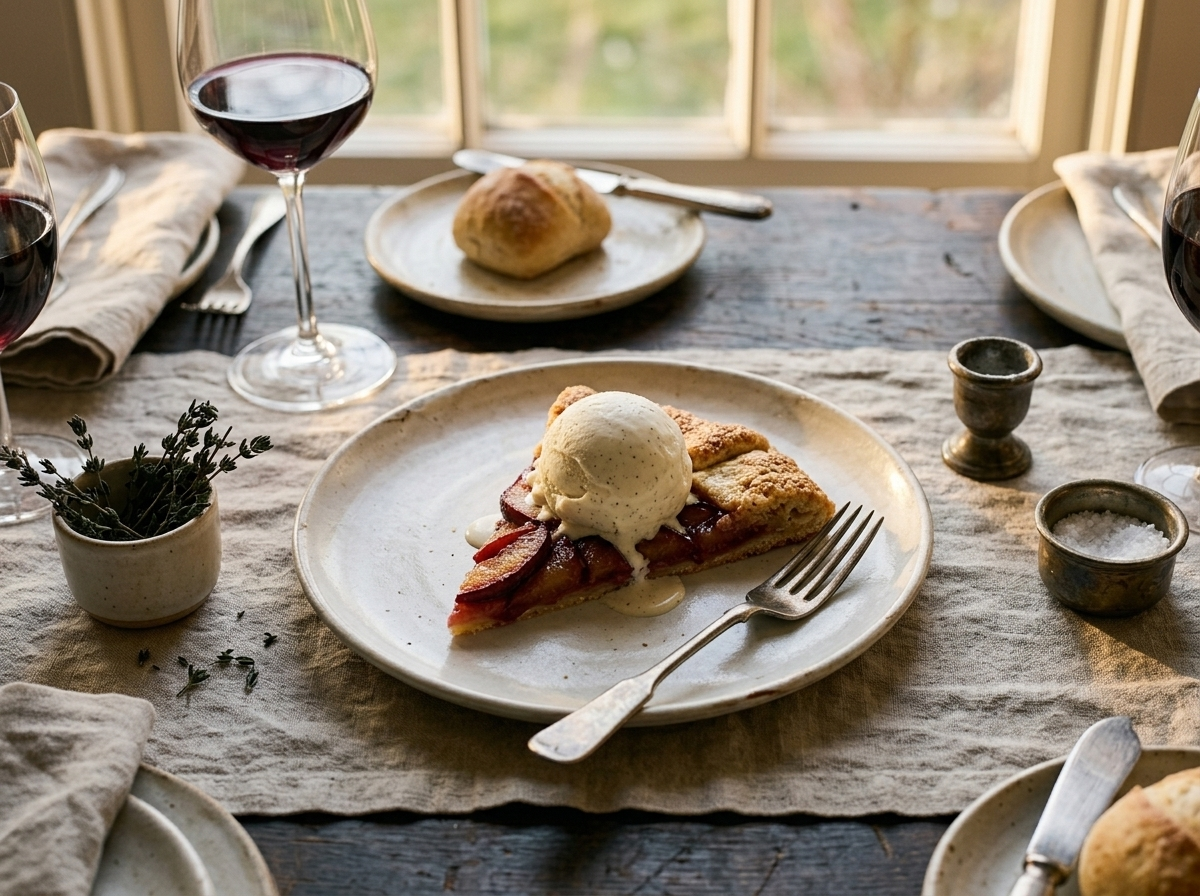 Sliced plum vanilla galette on a plate with melting vanilla ice cream and a linen napkin in warm light