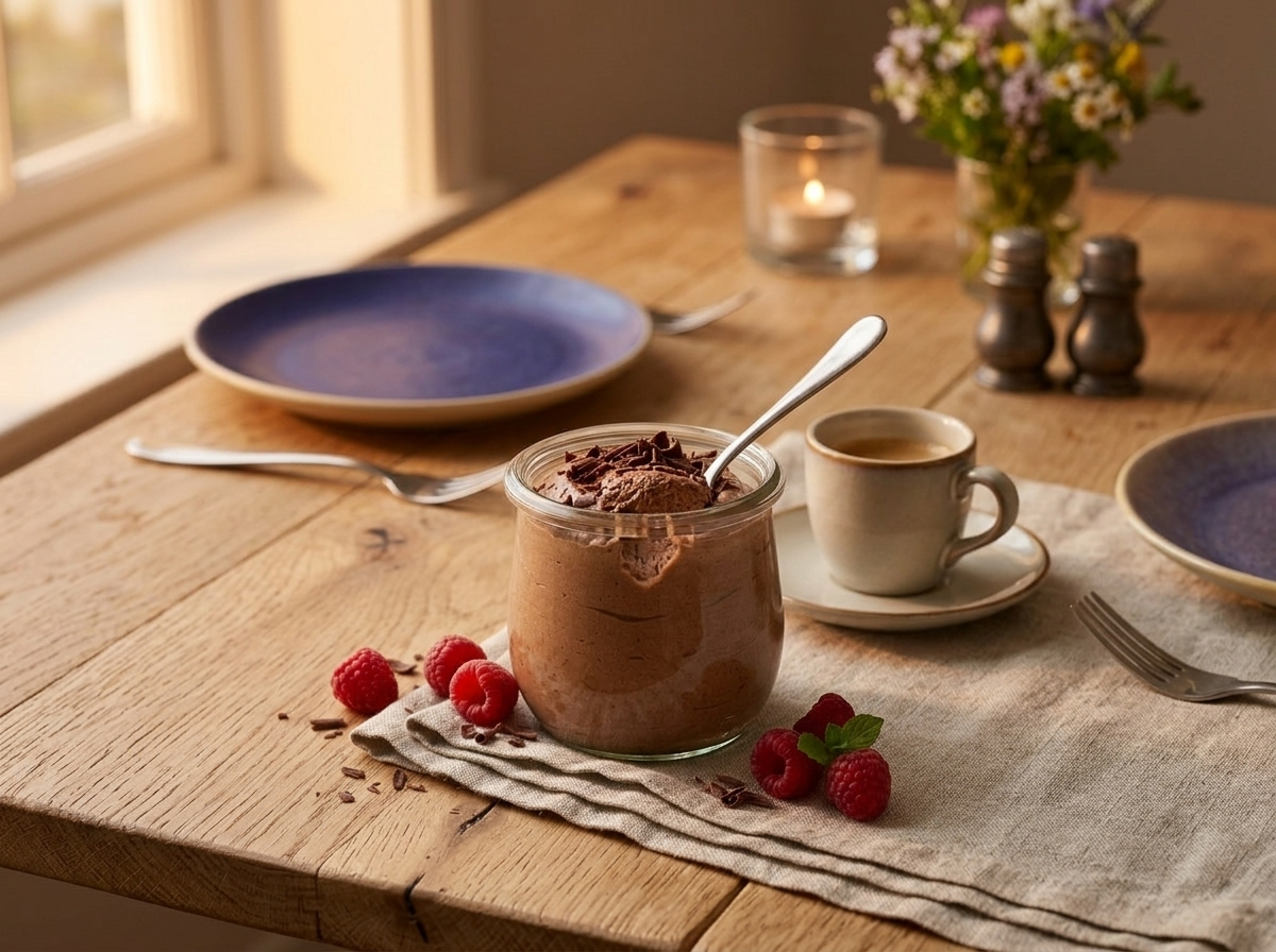 Glass of whipped chocolate ricotta mousse served with raspberries and espresso on a linen-topped table