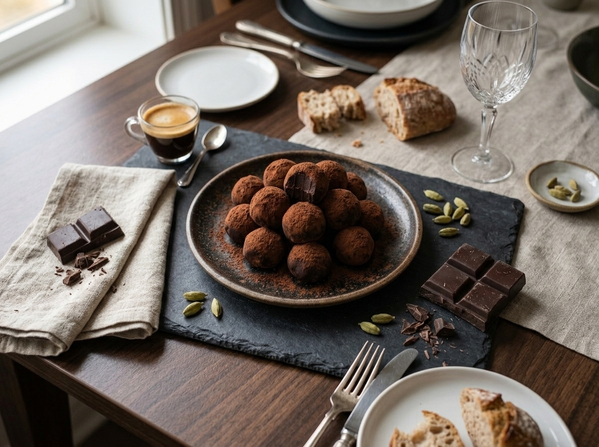 Chocolate cardamom truffles served on a small plate next to espresso and scattered cardamom pods