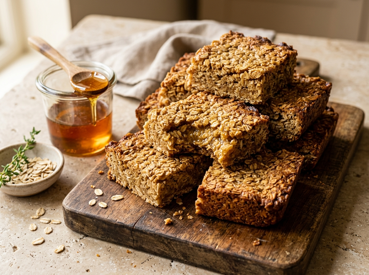 Stack of golden syrup flapjack bars on a wooden board with one broken open to show the soft chewy center