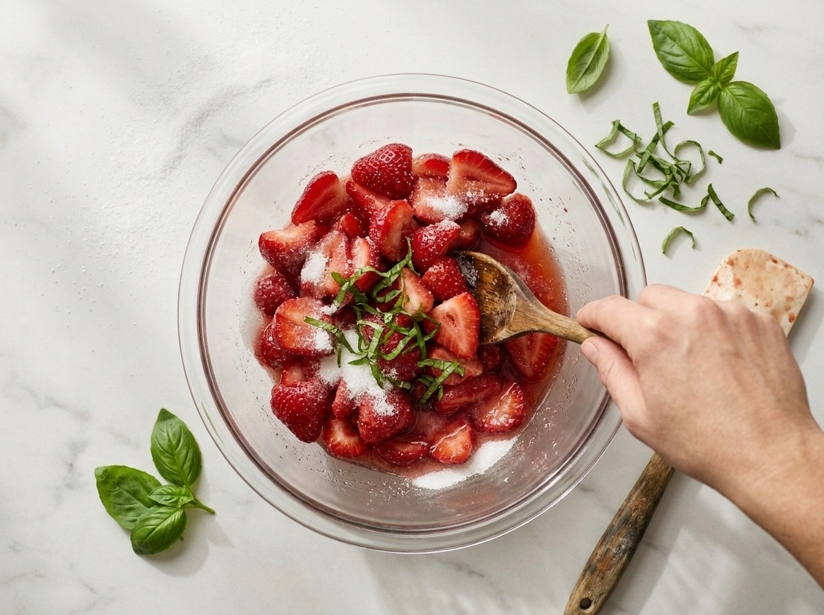 Hands tossing sliced strawberries with sugar and sliced basil in a glass bowl, juices pooling at the bottom