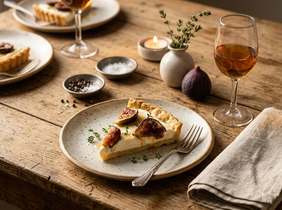 Sliced honey roasted fig tart on a plate with a fork, linen napkin, and a glass of dessert wine on a wooden table