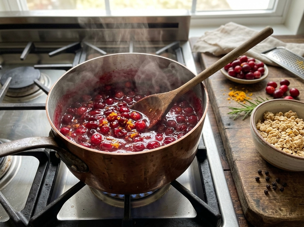 Fresh cranberries bursting in orange juice and sugar simmering in a saucepan for oat bar filling