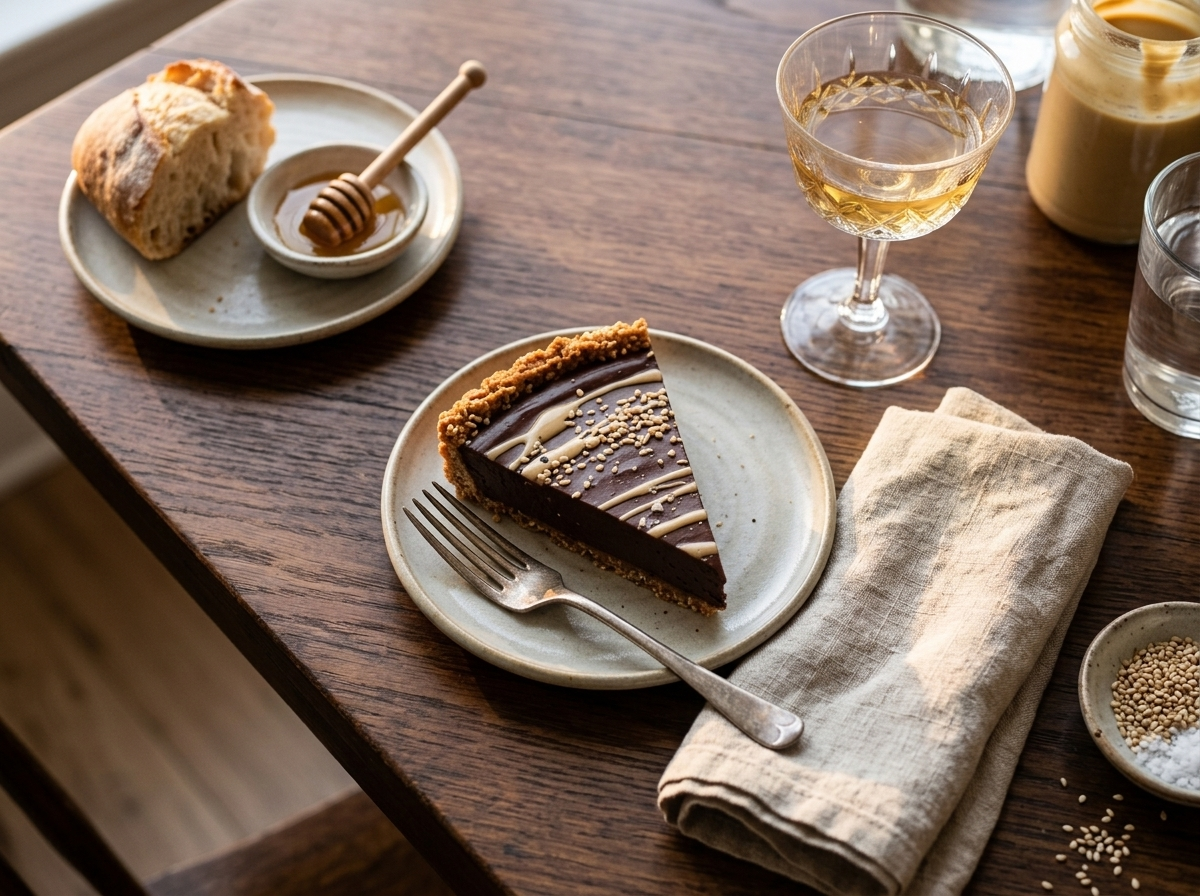 Single slice of chocolate tahini tart plated with a fork and linen napkin in warm natural light