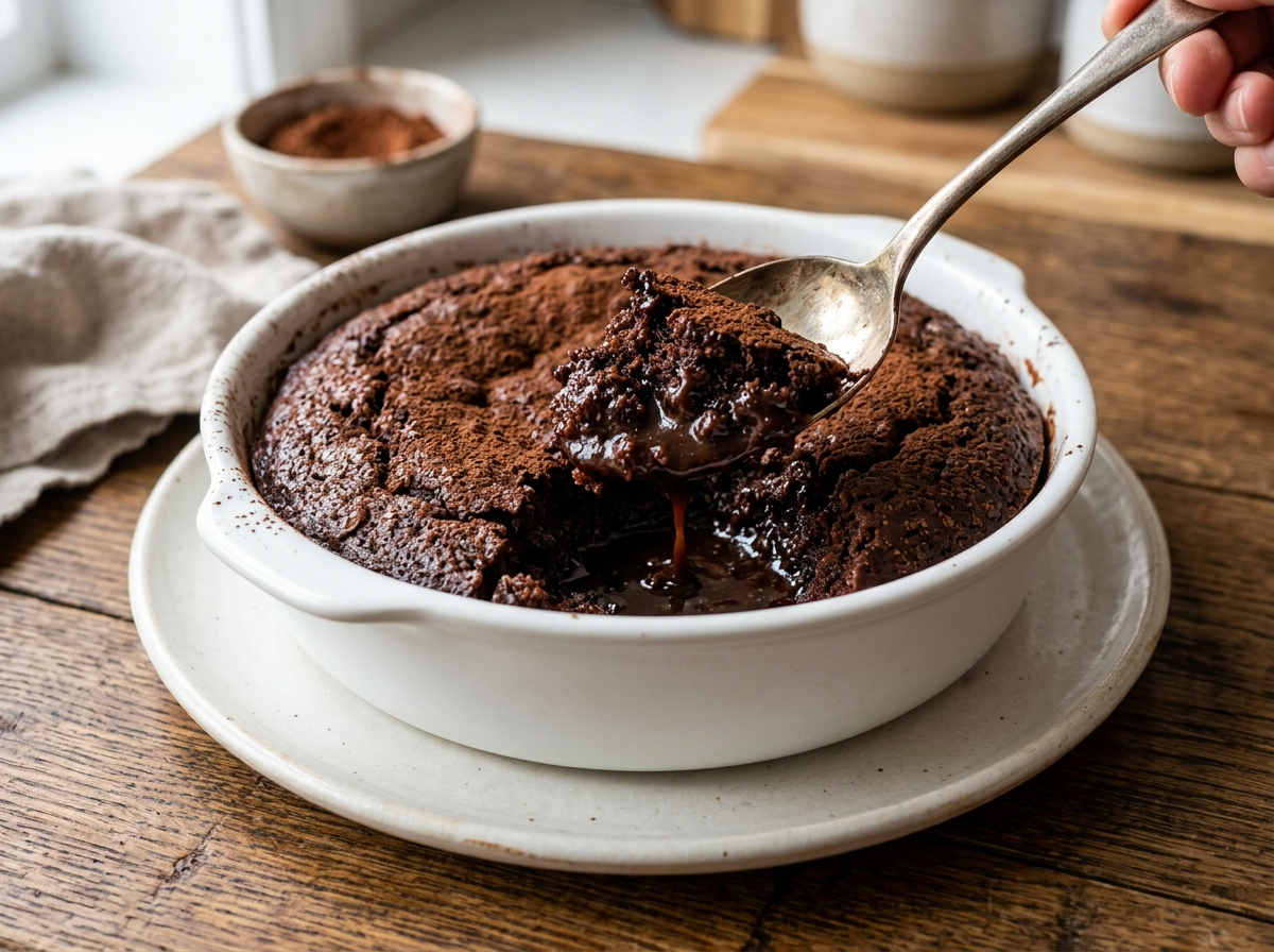 Espresso chocolate pudding cake in a baking dish with a spoon lifting cake to reveal fudge sauce layer underneath