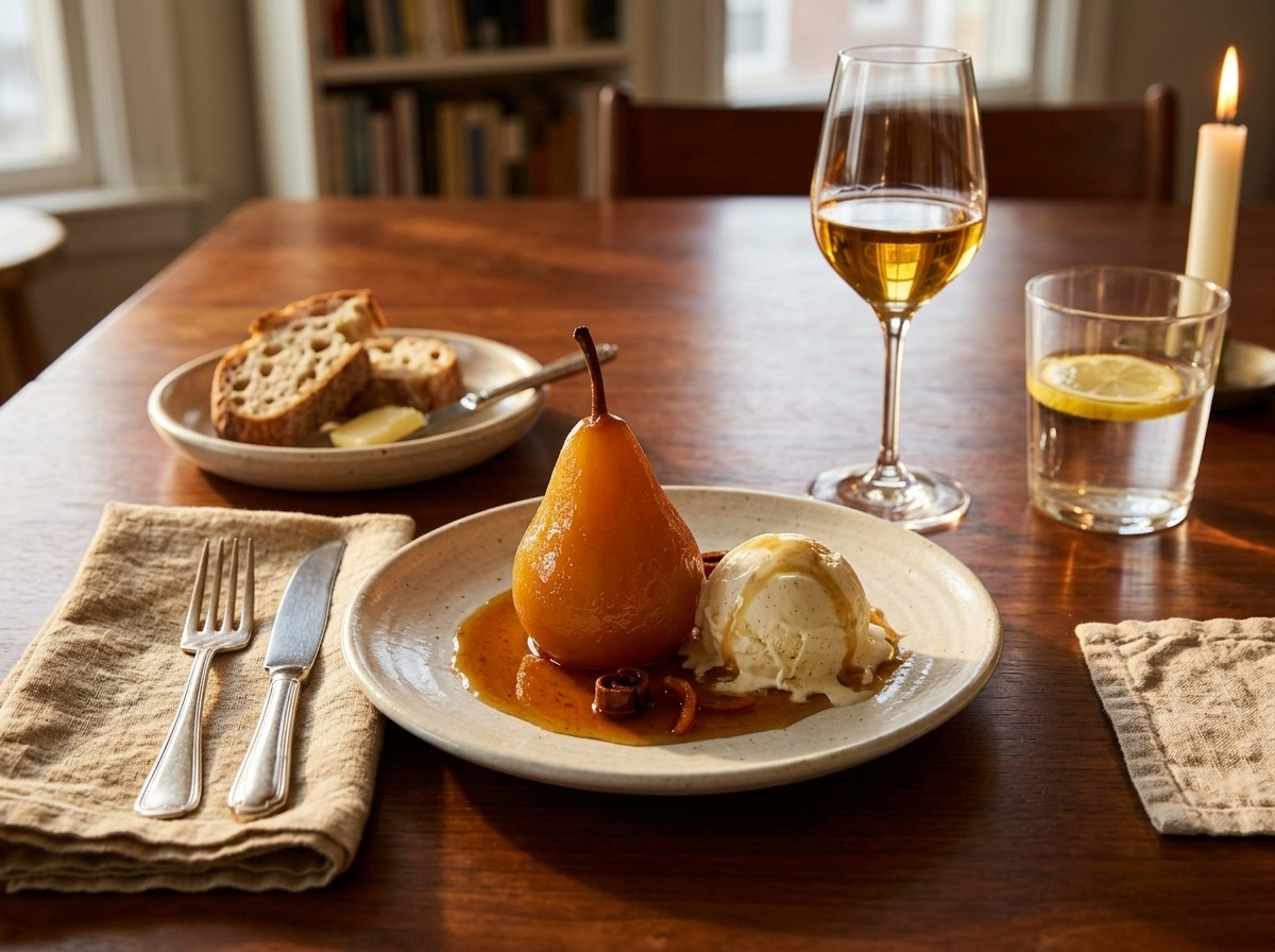 Poached pear with cinnamon syrup and vanilla ice cream on a dessert plate beside a glass of wine