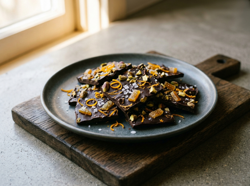 Broken pieces of dark chocolate orange bark topped with candied orange peel, pistachios, and flaky sea salt on a wooden board