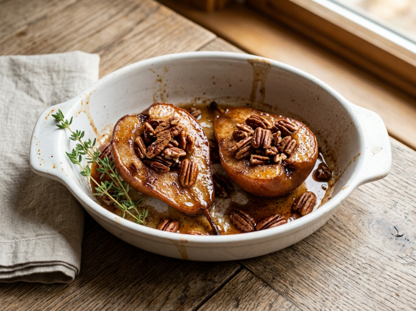 Maple cinnamon baked pear halves in a baking dish topped with toasted pecans and glossy caramelized glaze