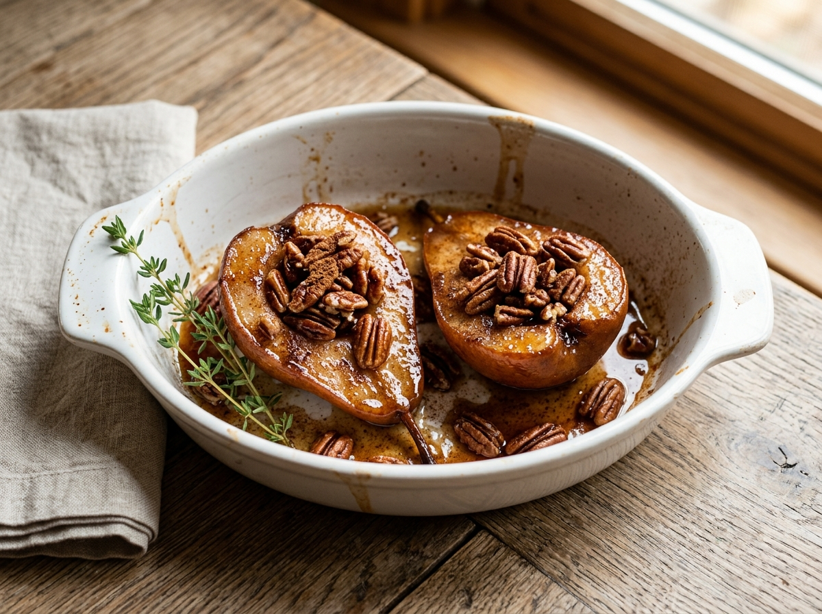 Maple cinnamon baked pear halves in a baking dish topped with toasted pecans and glossy caramelized glaze