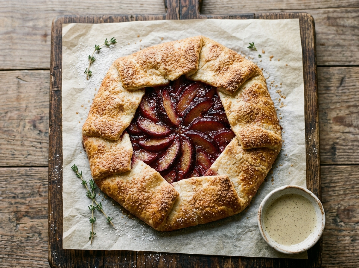 Whole plum vanilla galette with golden folded crust and turbinado sugar on parchment, sliced plums visible in the center