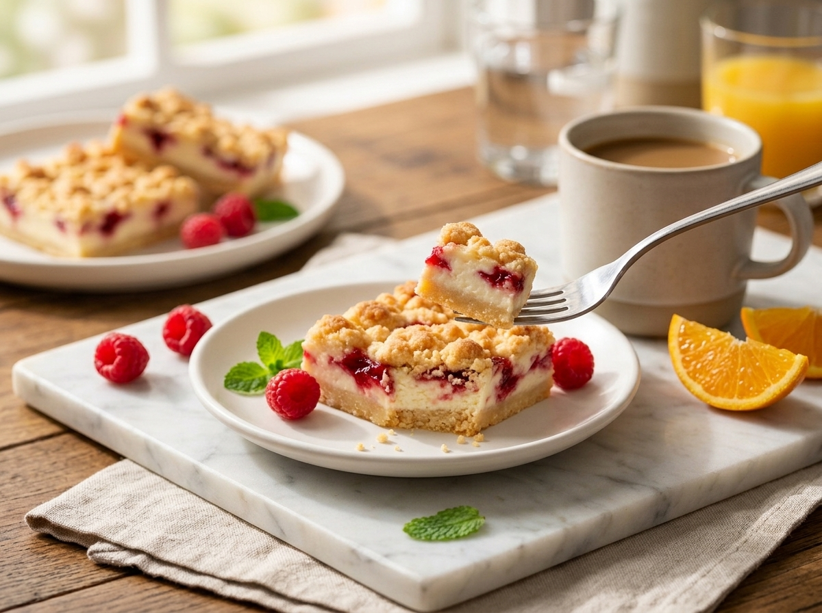A woman pours coffee beside a plate of jam-swirled bars on a linen napkin at a sunny kitchen table.