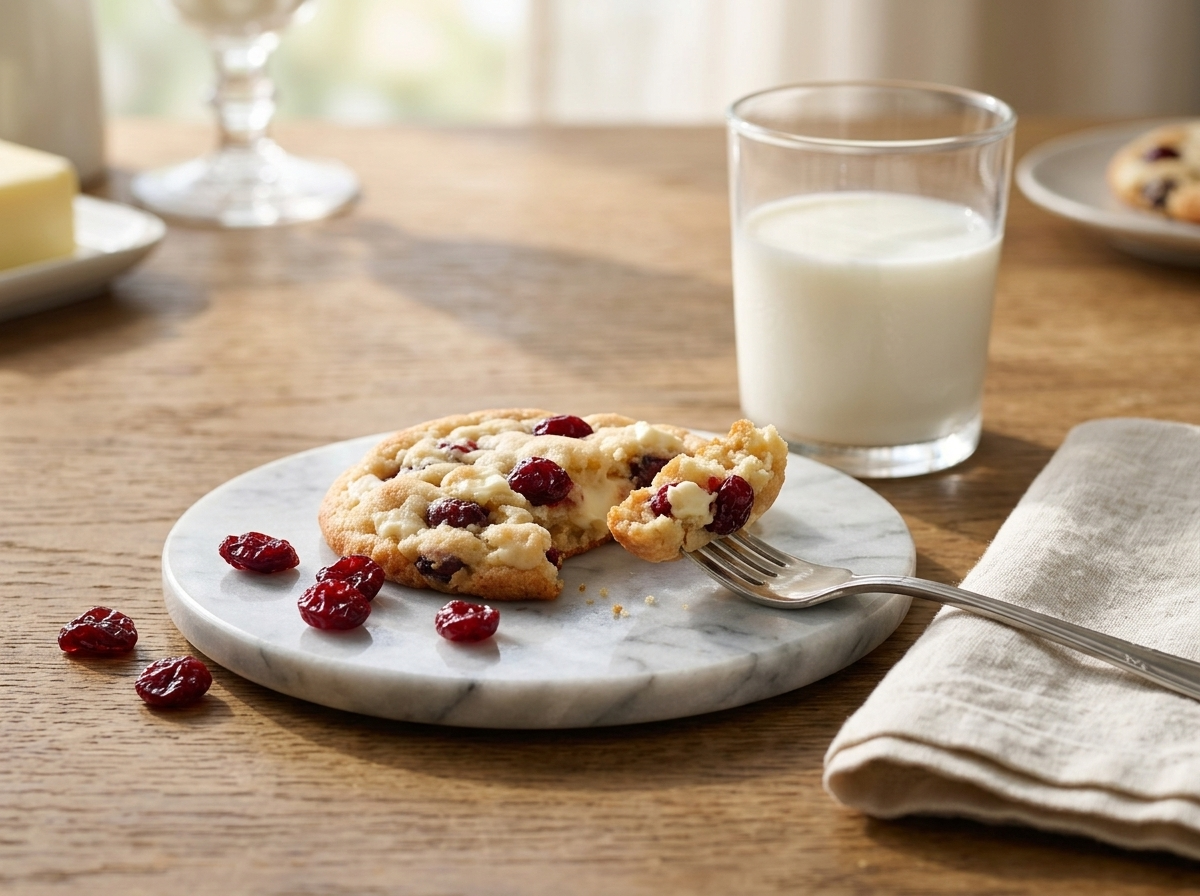 A plate of cherry cookies beside a glass of milk on a wooden table in soft morning light.