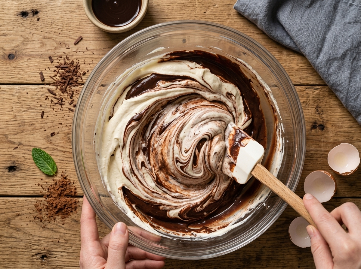 A cook folding melted dark chocolate into softly whipped cream in a glass bowl, streaks still visible mid-fold.