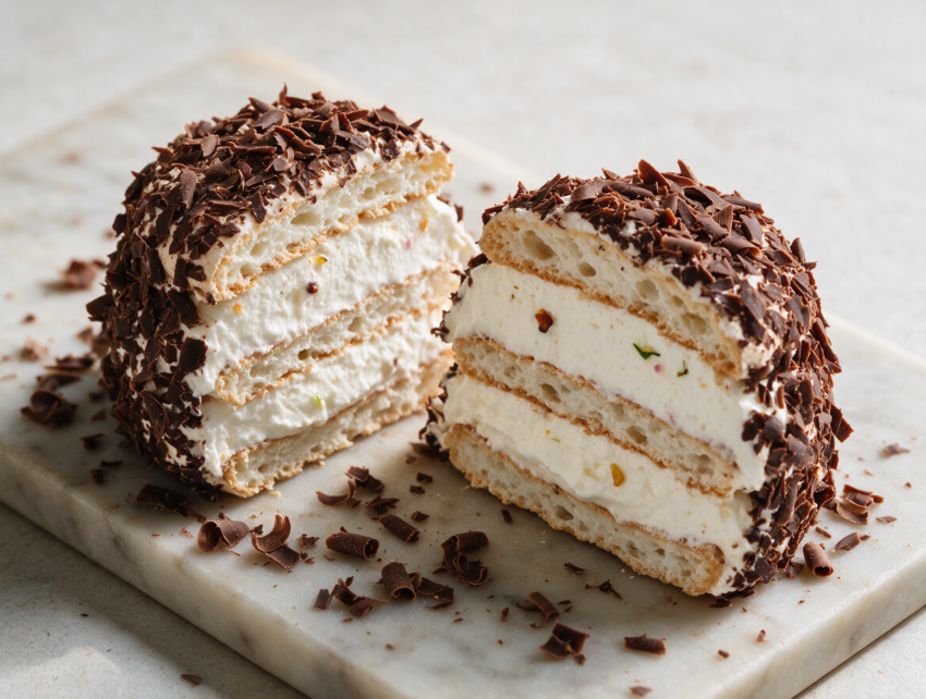 Two halved French merveilleux cakes on a marble board showing meringue, cream, and dark chocolate shaving layers.
