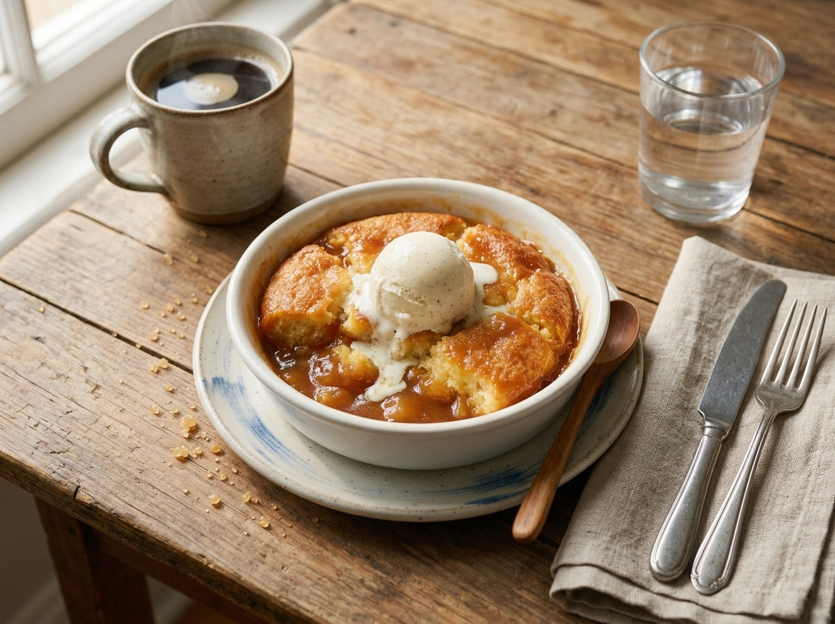A warm square of pouding chômeur on a plate with melting vanilla ice cream and a mug of coffee nearby.