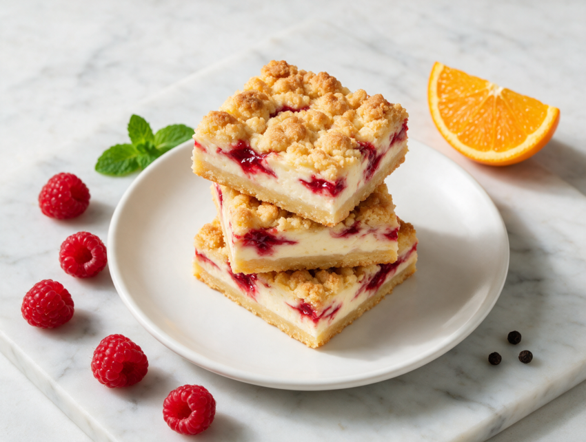 Overhead shot of golden cream cheese jam bars stacked on a marble board, jam swirls and crumble topping visible.