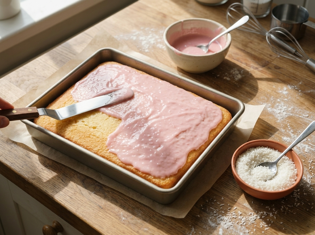 Offset spatula spreading pink icing over a cooled vanilla sponge inside a rectangular baking pan