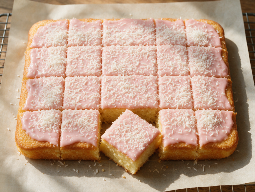 Pink-iced Tottenham cake cut into squares on a wire rack, coconut topping visible in soft natural light