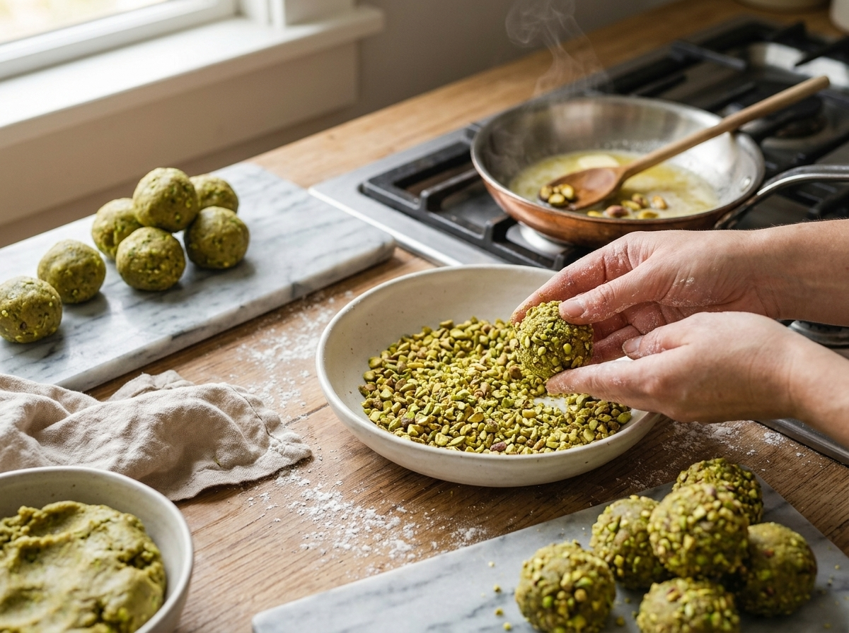 Hands rolling a ball of pistachio cookie dough through a bowl of finely chopped pistachios before baking