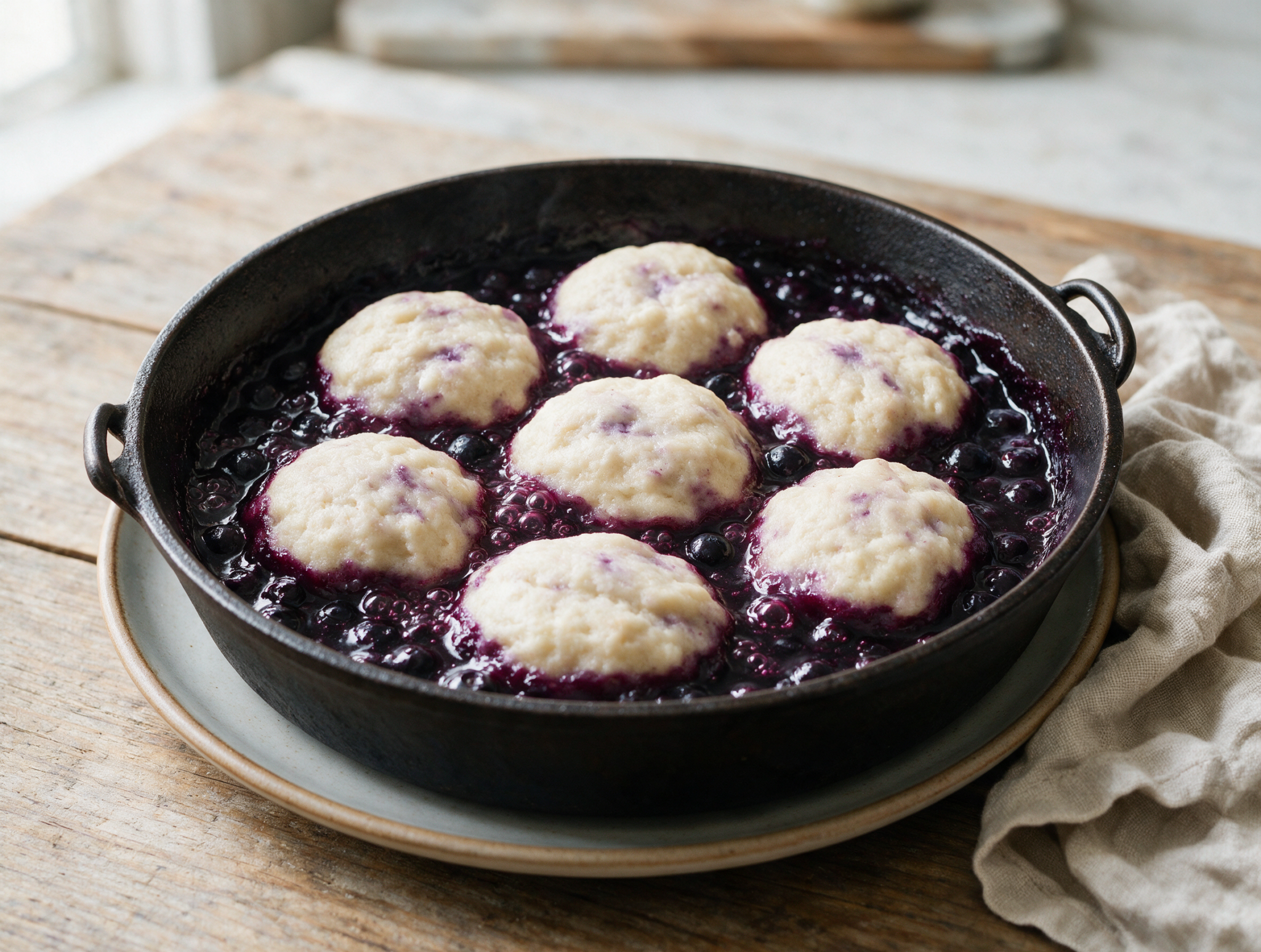 Overhead view of steamed blueberry dumplings sitting in thick purple blueberry sauce inside a dark cast-iron pot.
