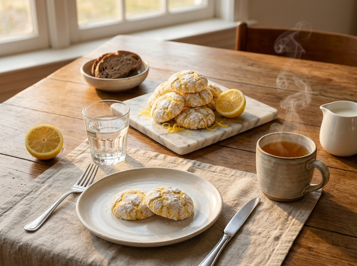 Two lemon crinkle cookies on a linen napkin beside a steaming mug of tea and a halved lemon on a wooden table.