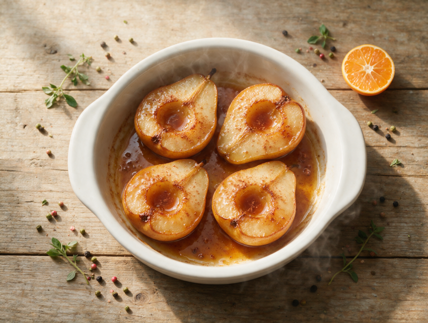 Four cinnamon pear halves in a ceramic dish, glossy maple glaze pooling in the centers under warm light.