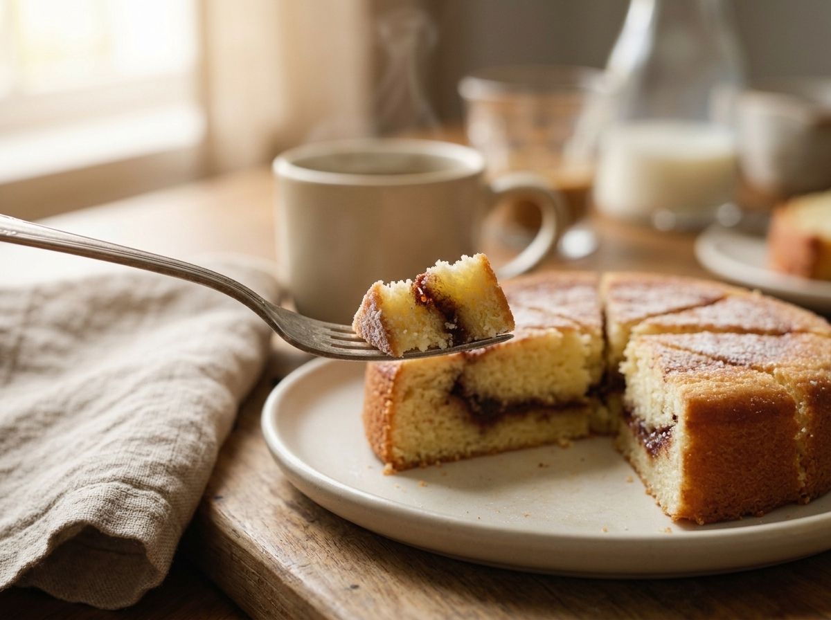 A woman at a breakfast table cutting into a slice of cinnamon yogurt cake beside a linen napkin and coffee cup