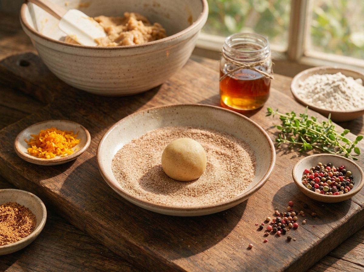 A dough ball rolls through cinnamon sugar in a small bowl, sticky maple-scented dough visible on the spoon.