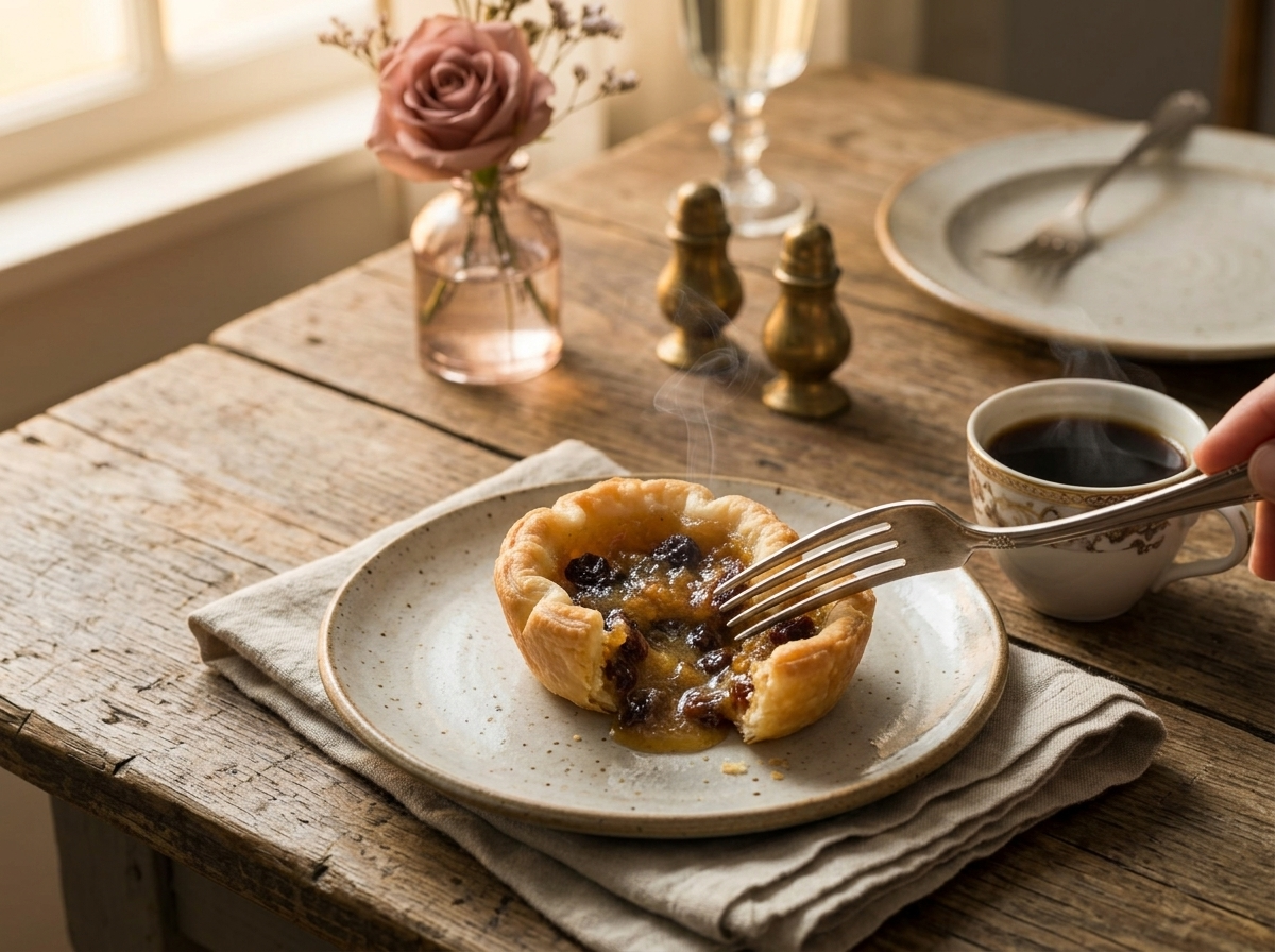 Warm butter tart broken open on a wooden table beside a coffee cup and linen napkin in morning light