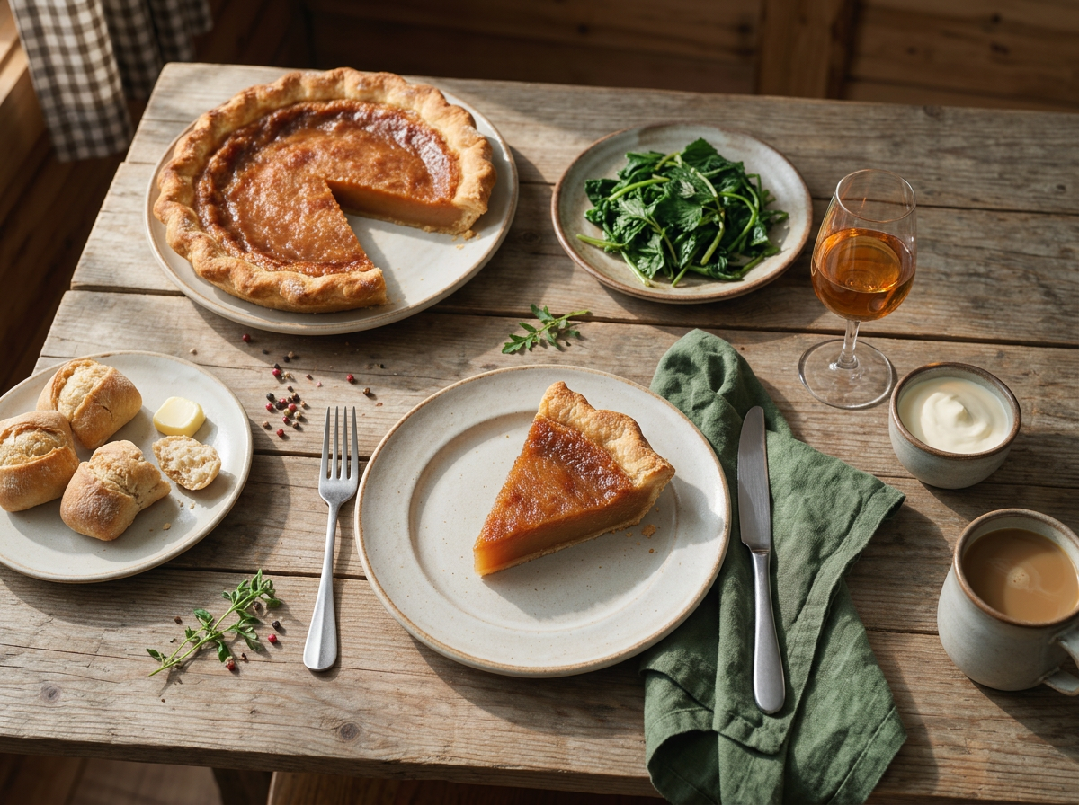 A fork cutting into a warm slice of tarte au sucre next to a mug of coffee on a rustic kitchen table.