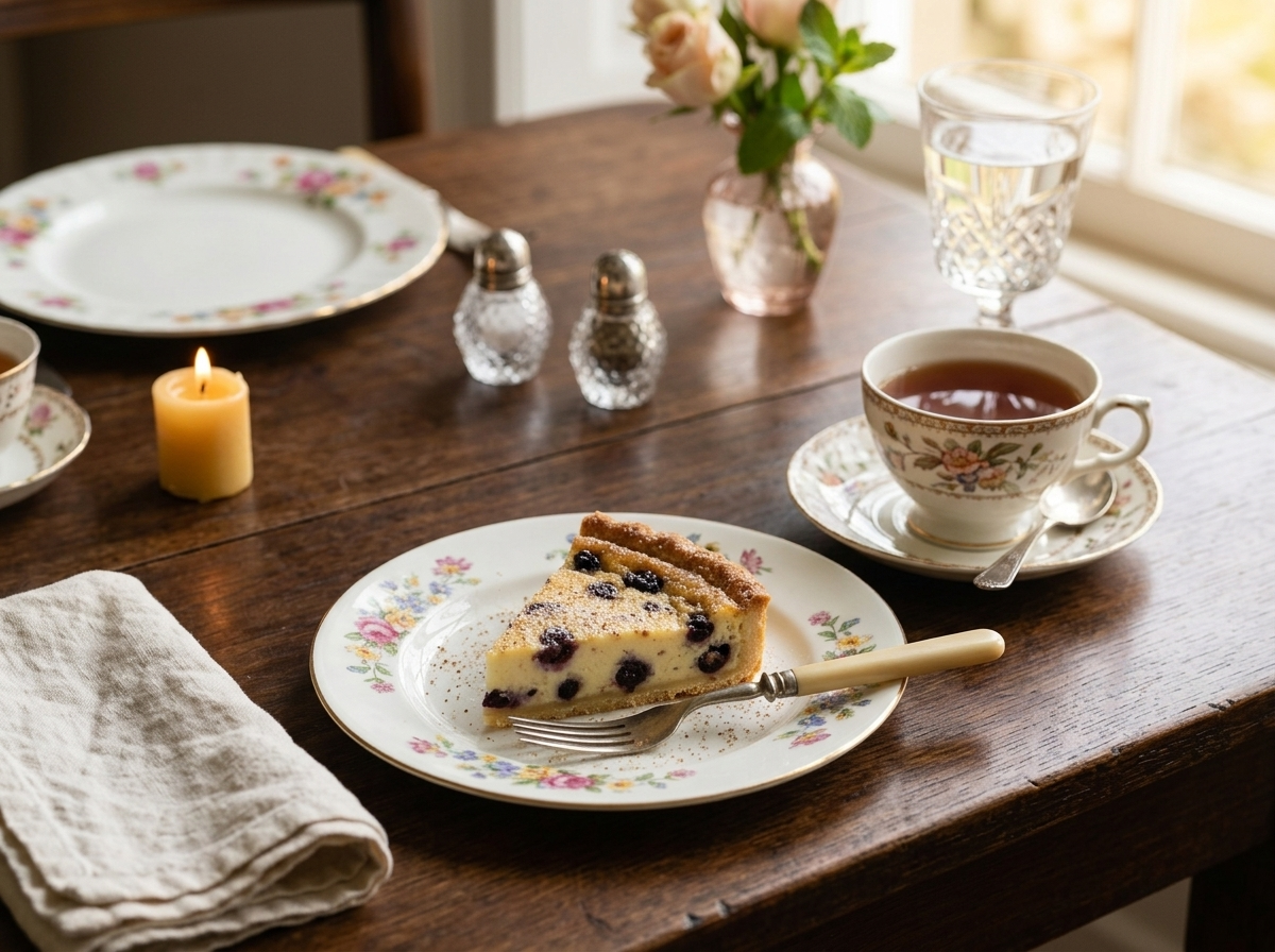 A slice of Yorkshire curd tart on a floral plate beside a steaming teacup and folded linen napkin