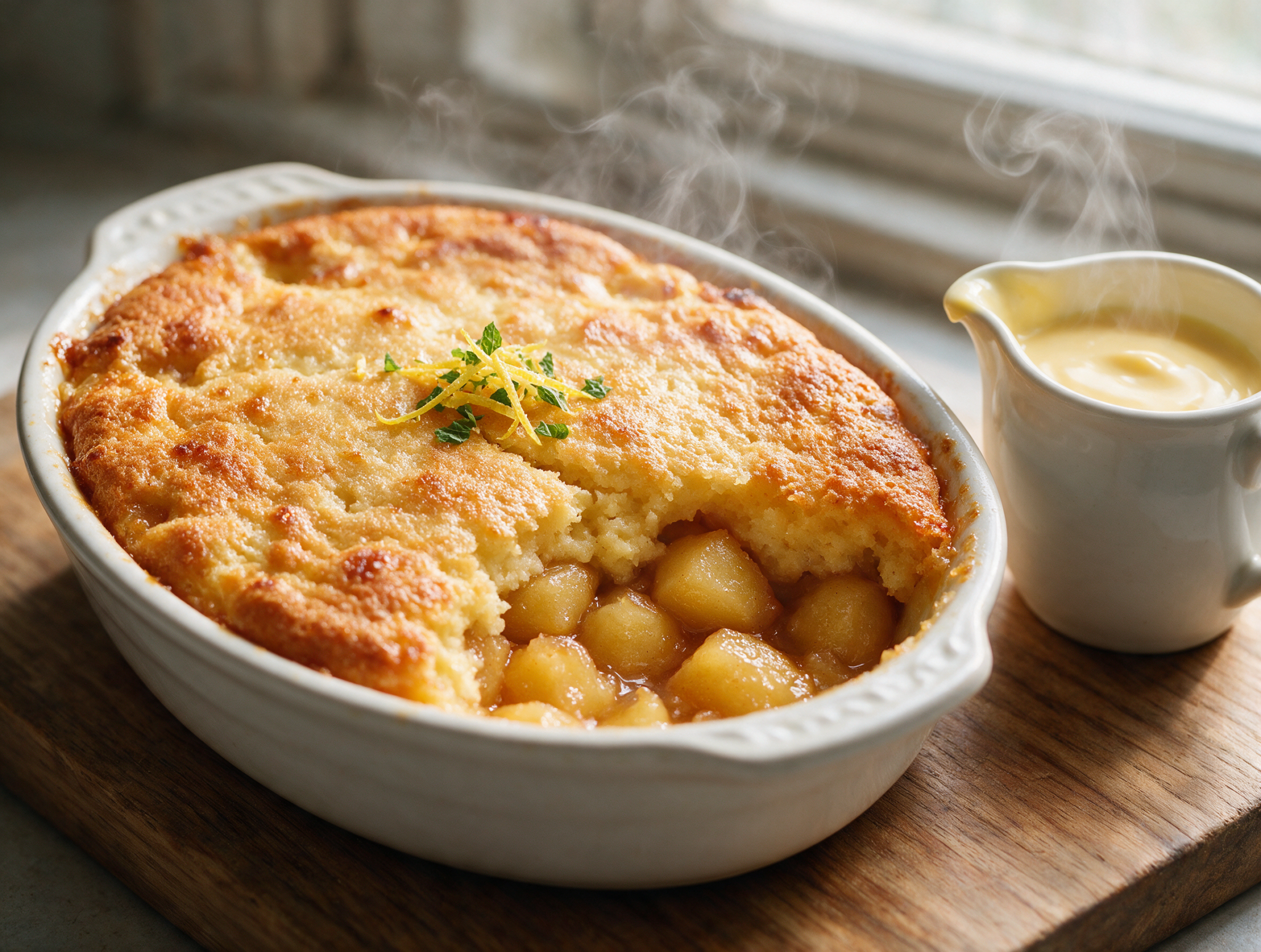 Overhead shot of golden baked Eve's pudding in a white dish, apple filling peeking through cracked sponge, steam rising