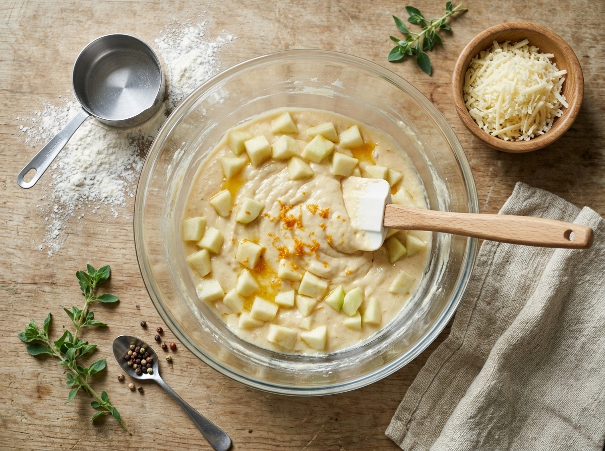 Diced Bramley apples being folded into pale cake batter in a glass mixing bowl on a flour-dusted counter