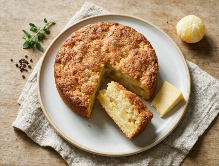 Sliced Kentish apple cake on a wooden board showing diced apple chunks and a crackly demerara sugar crust