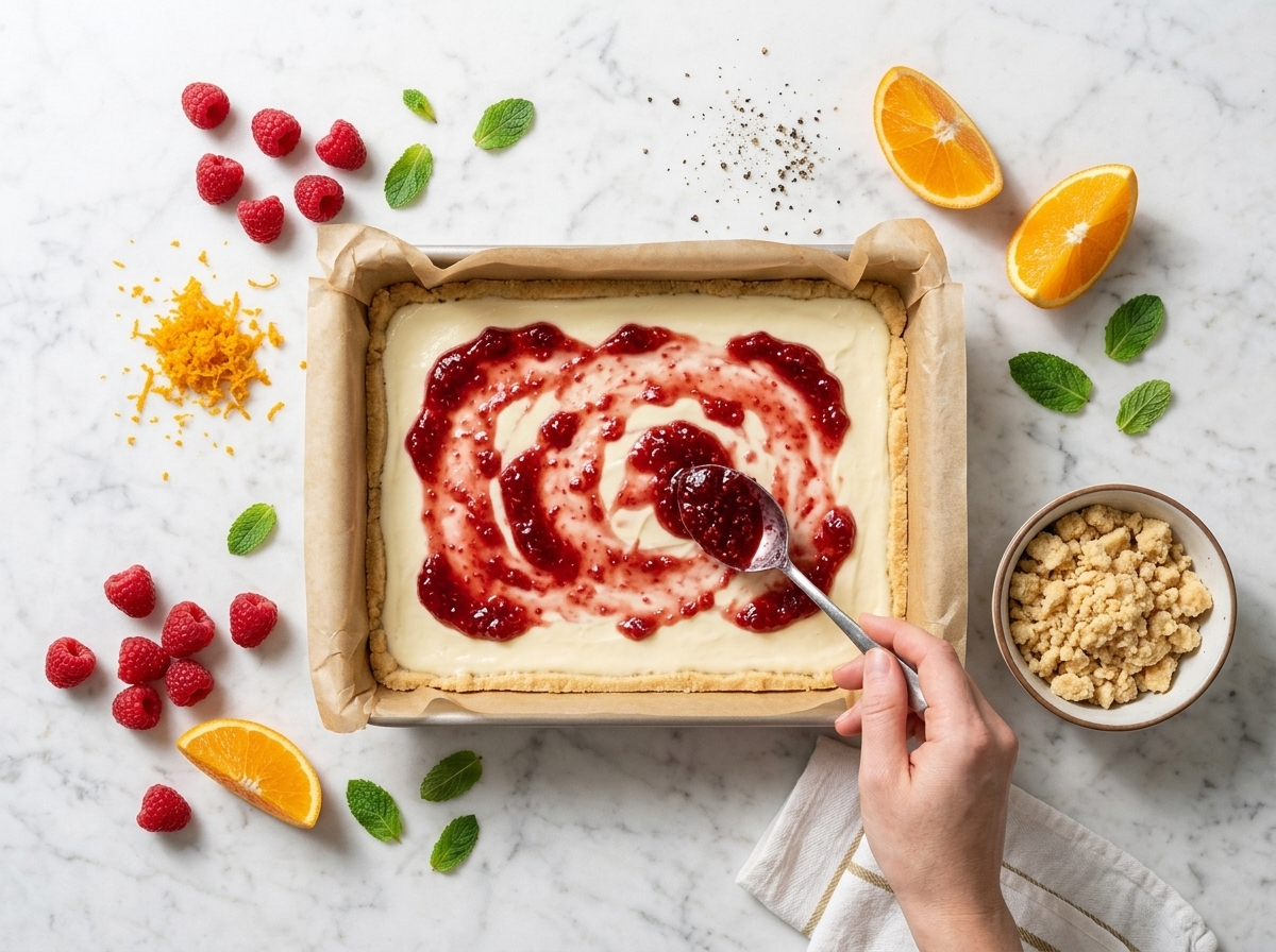Hands spooning raspberry jam over a smooth cream cheese layer in a parchment-lined baking pan before swirling.