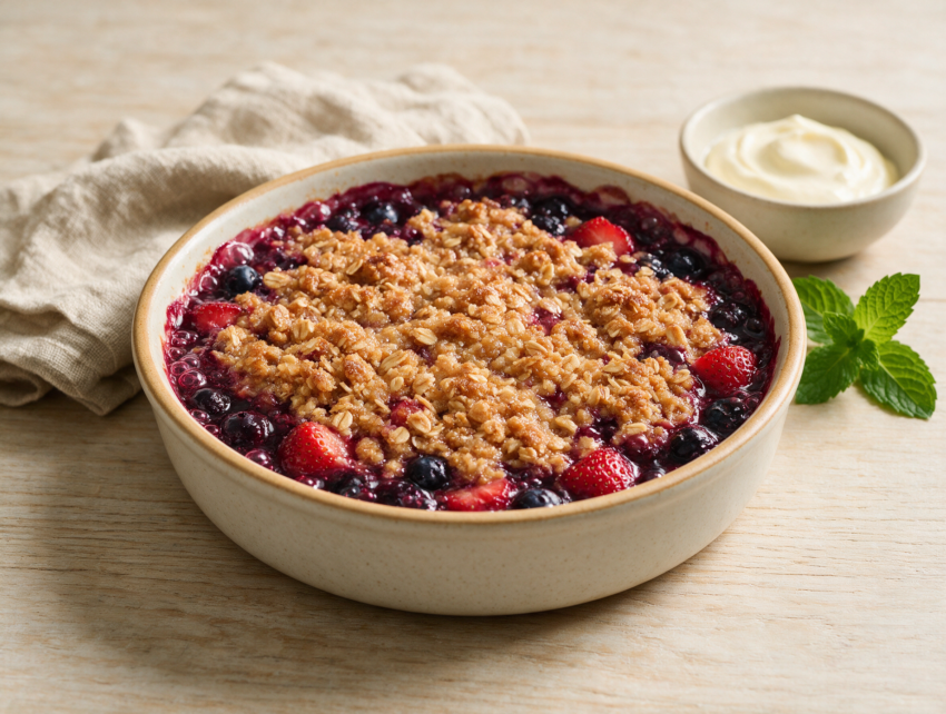 Overhead view of a bubbling berry oat crisp in a round dish with golden oat topping and purple juice at the edges