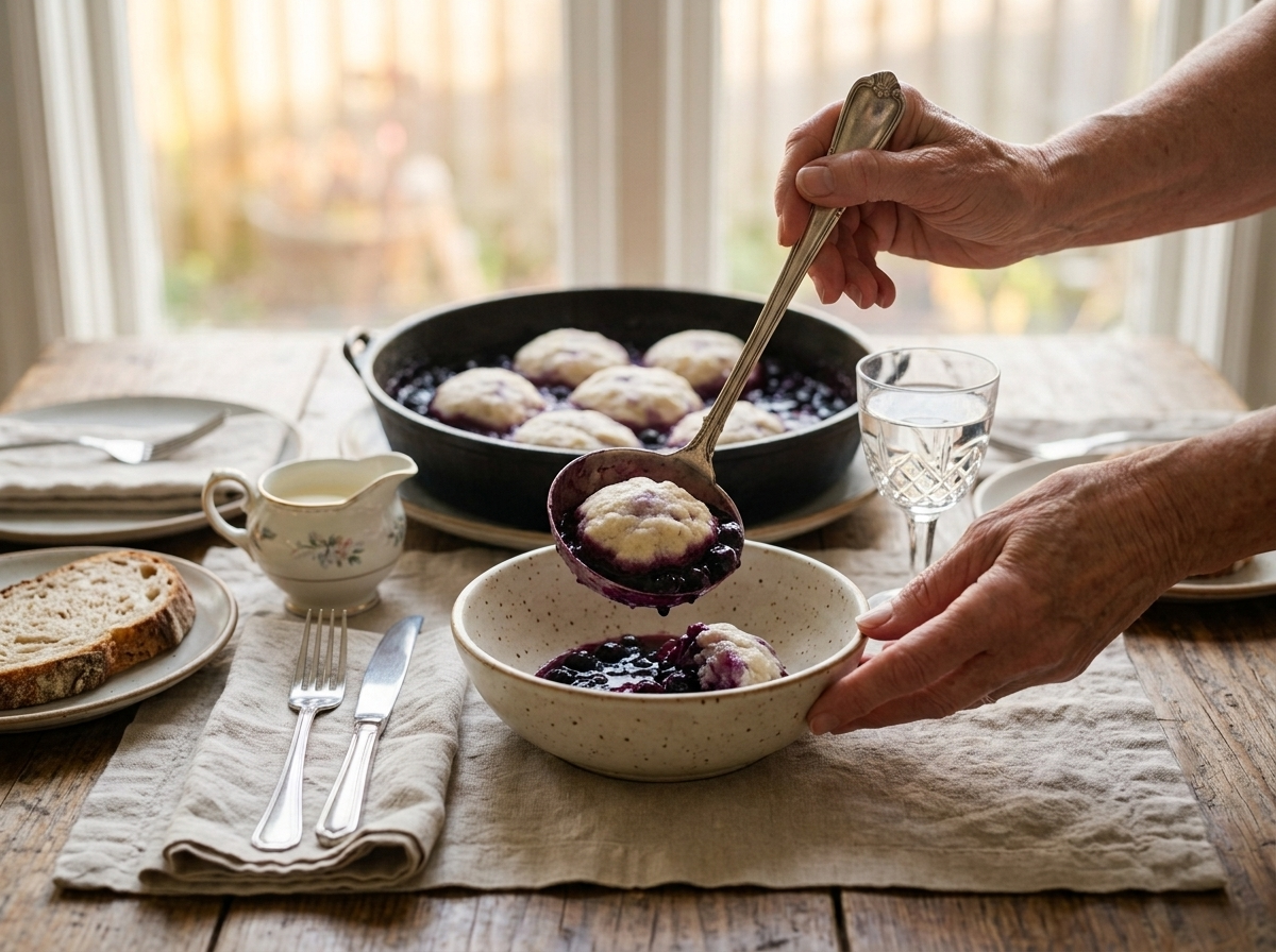 A bowl of warm blueberry grunt with cream being poured over soft dumplings on a linen-covered wooden table.