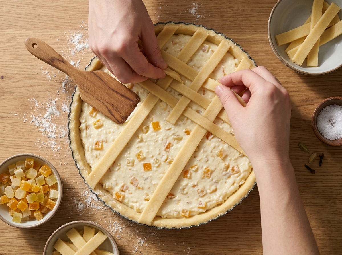 Hands weaving pastry lattice strips over ricotta and wheat filling in a tart pan on a floured wooden counter